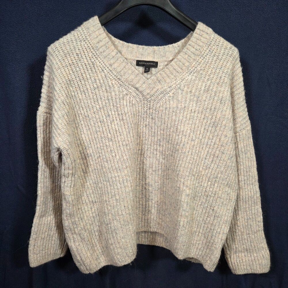 Banana Republic Mitzi V-Neck Ribbed Sweater XL Oatmeal Merino Wool Alpaca Blend